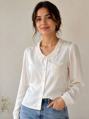 VINTAGE Blouse With Lace Collar and Lace Pocket